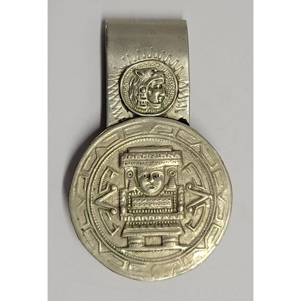 Vintage Mexico Alpaca Silver Money Clip Aztec Mayan Sun Stone Deity Warrior 18g